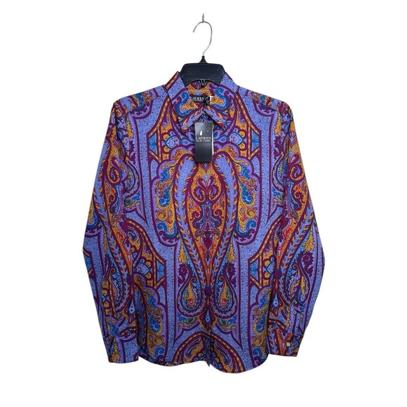 NWT Lauren Ralph Lauren Classic Fit Paisley Crepe Shirt Small Fuchsia Blouse - Picture 2 of 9